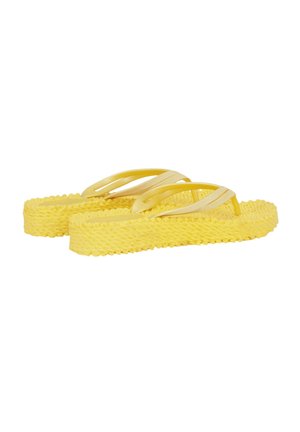 Yellow flip-flop sandals with textured woven platform soles and smooth matching straps, shown side by side on a white background.