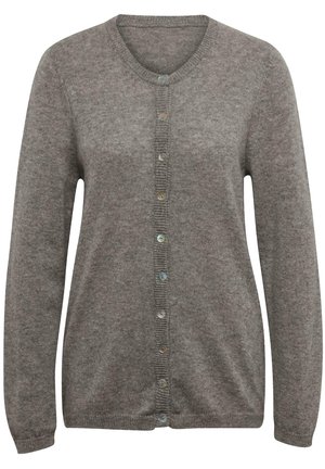 Grauer Woll-Cardigan mit langen Ärmeln, V-Ausschnitt und Knopfverschluss. Er verfügt über eine gerippte Textur und acht mehrfarbige Knöpfe entlang der Vorderseite.