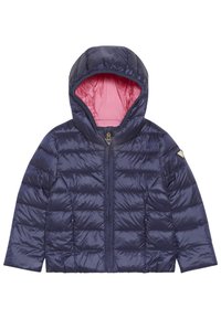 Navy puffer jacket with a pink interior, hood, zip closure, and side pockets. Features quilted stitching for insulation.
