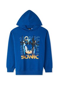 Felpa blu in cotone con una grande stampa di un personaggio riccio blu e la scritta "SONIC" in testo stilizzato sottostante. Tessuto morbido, vestibilità rilassata.