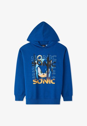 Felpa blu in cotone con una grande stampa di un personaggio riccio blu e la scritta "SONIC" in testo stilizzato sottostante. Tessuto morbido, vestibilità rilassata.
