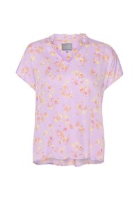 Levandulový top s krátkým rukávem a véčkovým výstřihem, ozdobený volánkem, s květinovým potiskem v růžové a žluté barvě. Lehký materiál, splývavý střih.