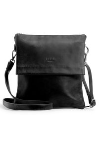 Borsa a tracolla nera in pelle con patta pieghevole, caratterizzata da una texture liscia, tracolla regolabile e logo goffrato discreto sul frontale.