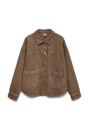Veste en denim marron avec col, fermeture à boutons et deux poches avant. Caractérisée par une coupe décontractée et des détails de couture visibles.