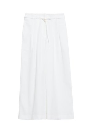 White wide-leg trousers with front pleats and a narrow belt tied in a bow at the waist.