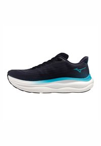 Chaussure de course bleue et noire avec une tige en maille texturée, un amorti léger, une semelle intermédiaire blanche et une semelle extérieure en caoutchouc noir.