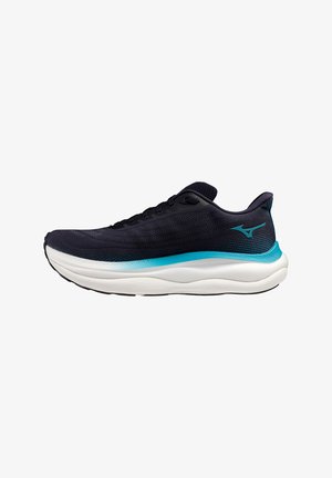 Blue and black running shoe with a textured mesh upper, lightweight cushioning, a white midsole, and a black rubber outsole.