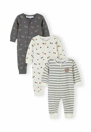 Trzy body niemowlęce z długim rękawem: szare z nadrukiem okularów, białe z nadrukiem brązowego misia oraz białe w czarne paski z napisem "zrobione z miłością".