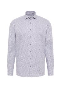 Langärmliges Hemd mit Knopfleiste in hellem Lavendel mit einem kleinen Blättermuster. Verfügt über einen umgelegten Kragen und eine standardmäßige Knopfleiste. Glatte Stofftextur.
