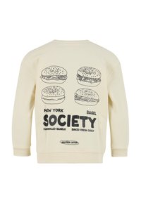 Krémově zbarvená mikina s grafikou na zádech zobrazující čtyři černé lineární kresby bagelů a výrazný nápis „NEW YORK SOCIETY“ pod nimi.