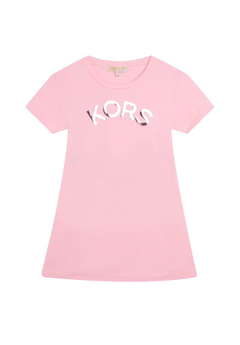 Roze T-shirt met korte mouwen van katoen, met een metallic zilveren "KORS" logo gecentreerd over de borst. Ronde halslijn, losse pasvorm.