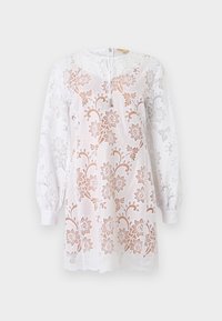 Λευκό μακρυμάνικο δαντελένιο φόρεμα με κεντήματα λουλουδιών, στρογγυλή λαιμόκοψη, άνοιγμα με κορδόνι και ελαστικά μανσέτα.