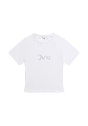 T-shirt corta bianca a maniche corte con la scritta "Juicy" in strass al centro davanti e scollo rotondo.