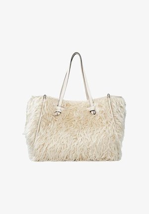 Große rechteckige Tragetasche in Cremefarben mit langen Griffen und einer zotteligen, strukturierten Kunstpelz-Außenseite.