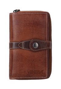 Brown leather wallet with a zip closure, featuring a snap strap and contrasting stitching. Displays a logo embossed at the bottom.