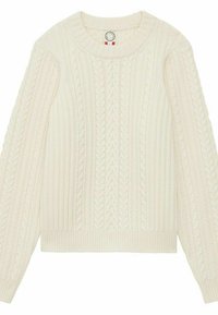 Pull en tricot torsadé blanc à manches longues, col rond, motif texturé, et finitions côtelées aux poignets et à l'ourlet. Le tissu en tricot doux apporte de la chaleur.