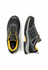 Szare buty trekkingowe z żółtymi akcentami, siateczkowa cholewka i gumowa podeszwa. Posiadają sznurowadła, wyściełany kołnierz oraz teksturowane panele boczne.