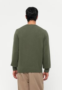Green knitted sweater with a ribbed bottom hem and cuffs, featuring a crew neck and relaxed fit, displayed from the back.