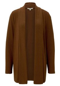 Lång brun cardigan i mjukt tyg, öppen framdesign, utan knäppningar, långa ärmar och slät textur utan synliga mönster.