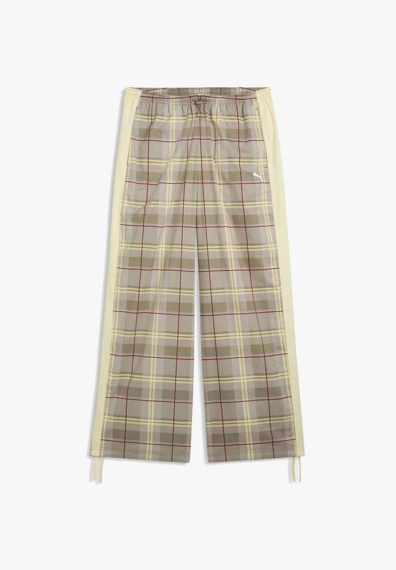Beige and light yellow plaid pants with red lines, elastic waistband with drawstring, side stripes, and a small white Puma logo on the right leg.