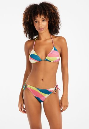 Bikini set with a triangular top and adjustable tie-side bottoms. Features bold, multicolored diagonal stripes in pink, blue, and green.