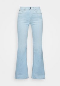 Light blue flared jeans with a high waist. Features five pockets, belt loops, and silver-tone hardware. Smooth denim texture.