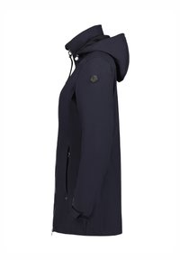 Marineblauer wasserfester Parka mit Kapuze, mit Reißverschluss, zwei Seitentaschen und einem Logopatch am Oberarm. Strukturiertes Stofffinish.