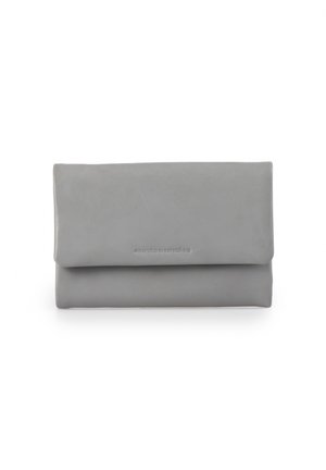 Gray leather clutch wallet with a fold-over design and embossed logo on the front. Smooth texture with a minimalist appearance.