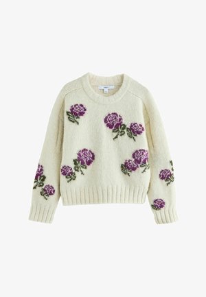 Cream-colored sweater with a round neckline, featuring purple floral designs and green leaves. Yarn has a soft, textured appearance.