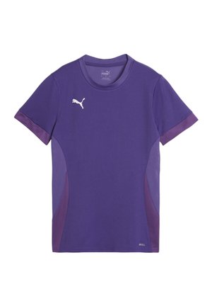 Paarse sportieve t-shirt met korte mouwen, voorzien van een textuur mesh paneel aan de zijkanten en een wit logo op de borst.