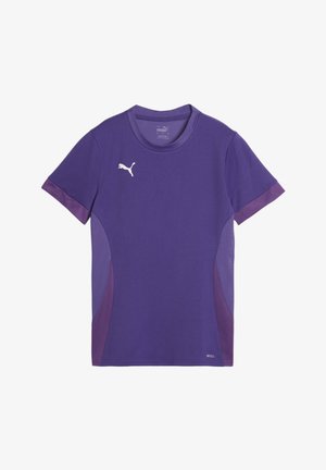 Paarse sportieve t-shirt met korte mouwen, voorzien van een textuur mesh paneel aan de zijkanten en een wit logo op de borst.