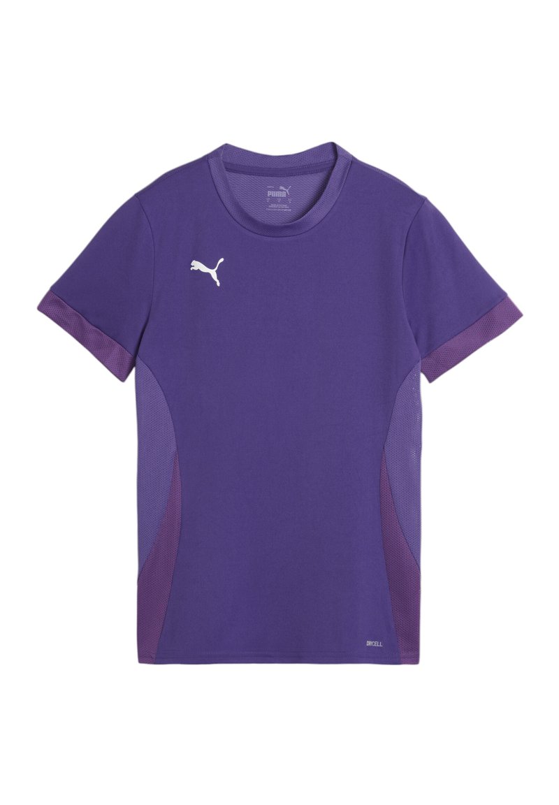 Fioletowy t-shirt sportowy z krótkimi rękawami, z teksturowanym panelem siateczkowym po bokach oraz białym logo na klatce piersiowej.
