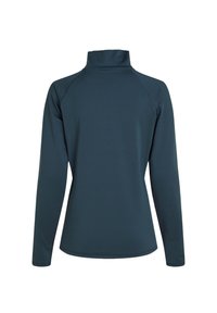 Maglia a maniche lunghe in verde scuro, con colletto alto, texture liscia e maniche raglan. Nessun motivo visibile o dettagli hardware.
