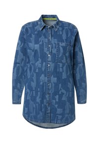 Camicia in denim blu scuro con un delicato motivo geometrico, maniche lunghe, chiusura con bottoni frontale, taschino sul petto e orlo curvo.