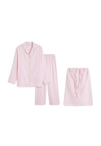 Il pigiama a righe rosa e bianche include una camicia a maniche lunghe con bottoni, pantaloni coordinati e una gonna con cordoncino. Tessuto in cotone morbido.