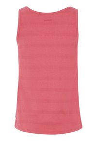 Roze tanktop met een horizontale gestreepte textuur, gemaakt van zachte stof met een ronde halslijn en een logo dat op de rug is gedrukt.