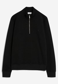 Sweatshirt noir avec un col montant et un zip sur le devant. Présente des poignets et un ourlet côtelés, une texture lisse et un petit logo sur la poitrine.