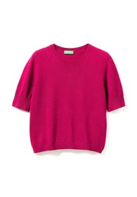 Fuchsia Kurzarmpullover aus weichem Material mit Rundhals, gerippten Bündchen und lockerem Schnitt. Einfaches Design ohne Muster.