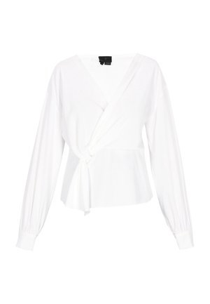 Top bianco avvolgente con maniche lunghe, caratterizzato da un dettaglio annodato in vita e una texture liscia. Il design a scollatura a V esalta il decolleté.