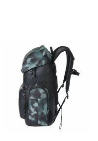 Black and teal tie-dye backpack with padded straps, multiple compartments, textured materials, and adjustable buckles for secure closure.