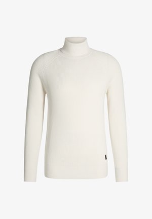 Off-white geripptes Turtleneck-Pullover mit langen Ärmeln, ausgestattet mit einem figurbetonten Schnitt und einem kleinen schwarzen Etikett am Saum.