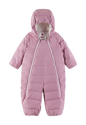 Tuta da neve imbottita rosa per neonati con cappuccio, maniche lunghe e due cerniere frontali che si estendono dal collo alle gambe.
