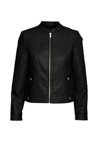 Giacca in pelle nera con zip frontale, dettagli a coste sulle spalle e tasche con chiusura a scatto. Presenta un collo strutturato e una texture liscia.