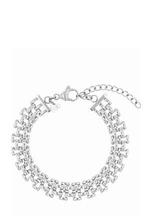 Pulsera plateada de múltiples hilos con eslabones rectangulares y cierre de langosta, con cadena ajustable para personalizar la talla.