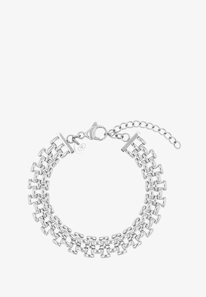 Silbernes mehrsträngiges Armband mit rechteckigen Gliedern und Karabinerverschluss, mit verstellbarem Kettchen zur Größenanpassung.