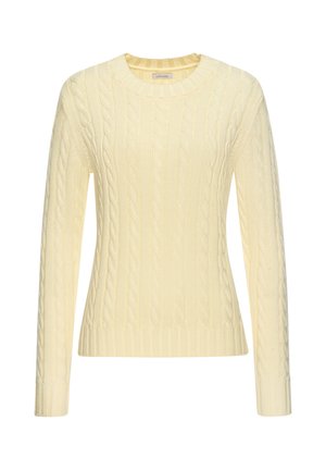 Cremefarbener Langarm-Zopfpullover mit rundem Ausschnitt und gerippten Bündchen und Saum.