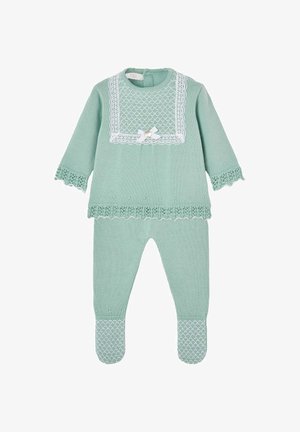 Tenue de bébé tricotée vert menthe avec manches longues, bordure en dentelle aux poignets et à l'ourlet, col en dentelle blanche et pantalon à pieds.
