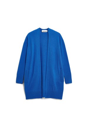 Blauer langärmliger Cardigan mit offener Front, aus weichem Material, mit zwei vorderen Taschen und gerippten Bündchen.
