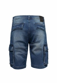 Denim cargo shorts with a dark blue wash, featuring multiple side and back pockets, visible stitching, and a branded waistband label.