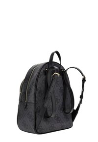 Zaino in tela nera con un sottile motivo del logo, doppie zip, spallacci regolabili e una forma strutturata con una finitura liscia.